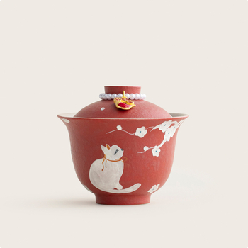 Set de ceai ceramic roșu chinezesc, pictură manuală cu pisică și floare de prune, cu bol cu capac, cești și farfurie pentru acasă, ceremonie Kung Fu