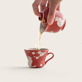 Set de ceai ceramic roșu chinezesc, pictură manuală cu pisică și floare de prune, cu bol cu capac, cești și farfurie pentru acasă, ceremonie Kung Fu