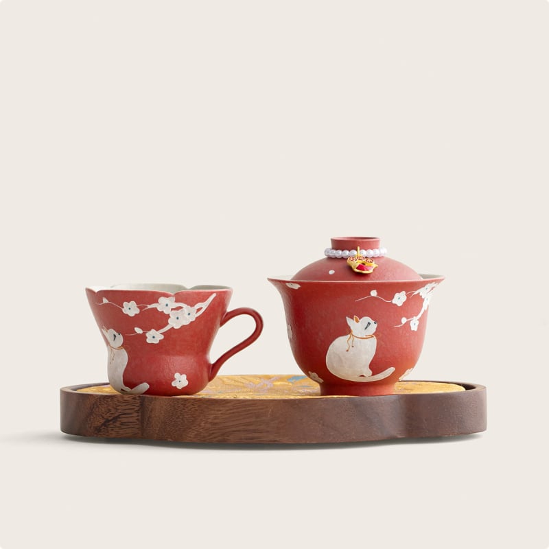 Set de ceai ceramic roșu chinezesc, pictură manuală cu pisică și floare de prune, cu bol cu capac, cești și farfurie pentru acasă, ceremonie Kung Fu