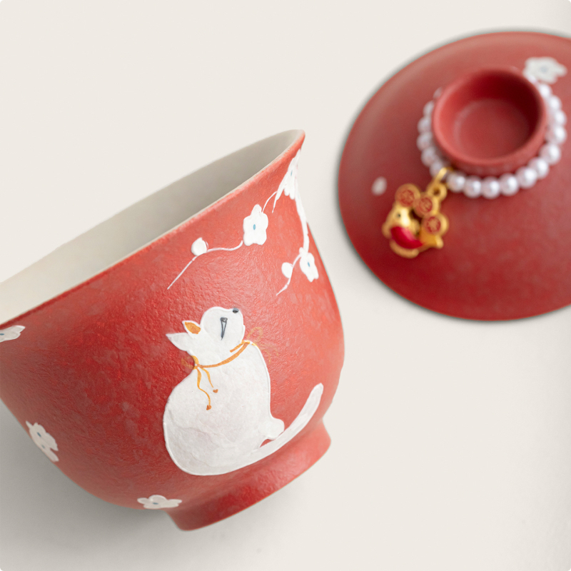 Set de ceai ceramic roșu chinezesc, pictură manuală cu pisică și floare de prune, cu bol cu capac, cești și farfurie pentru acasă, ceremonie Kung Fu