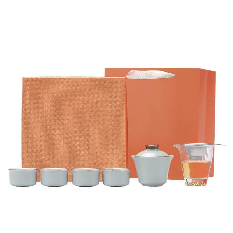 Set de ceai din porțelan, set mic în cutie cadou cu boluri de ceai cu capac și căni, stil modern minimalist, pentru 6 persoane