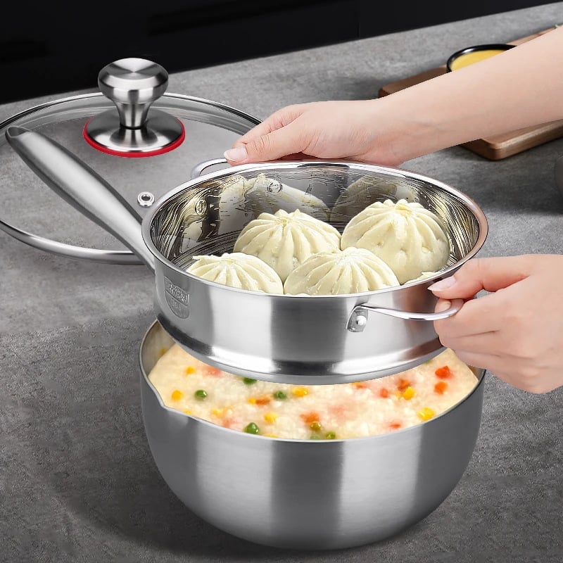 Oală pentru lapte din oțel inoxidabil cu trei straturi, stil coreean, cu insert de abur, diametru 20 cm, antiaderentă, oală de supă pentru uz casnic, compatibilă cu toate plitele