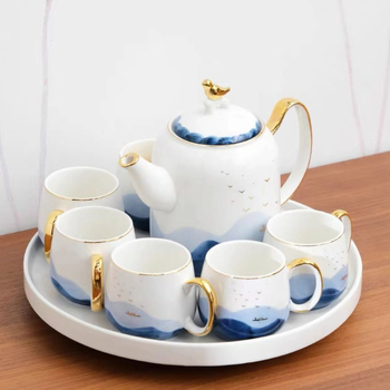 Set ceai ceramic în stil lux lejer cu tavă rotativă, pentru uz casnic, servire pentru 6 persoane