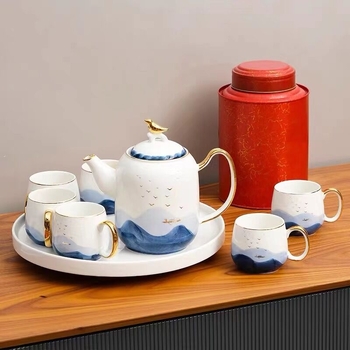 Set ceai ceramic în stil lux lejer cu tavă rotativă, pentru uz casnic, servire pentru 6 persoane