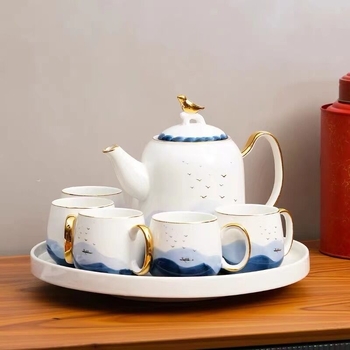 Set ceai ceramic în stil lux lejer cu tavă rotativă, pentru uz casnic, servire pentru 6 persoane