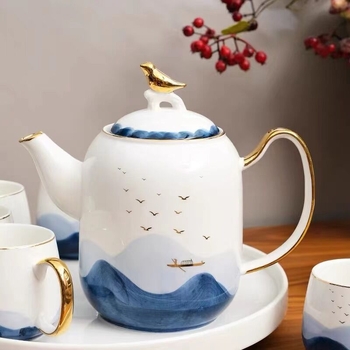 Set ceai ceramic în stil lux lejer cu tavă rotativă, pentru uz casnic, servire pentru 6 persoane