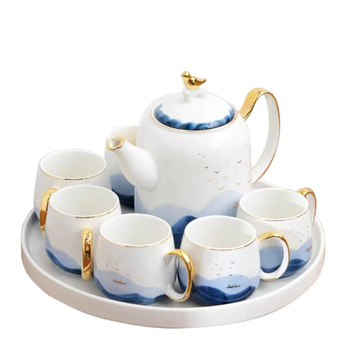 Set ceai ceramic în stil lux lejer cu tavă rotativă, pentru uz casnic, servire pentru 6 persoane