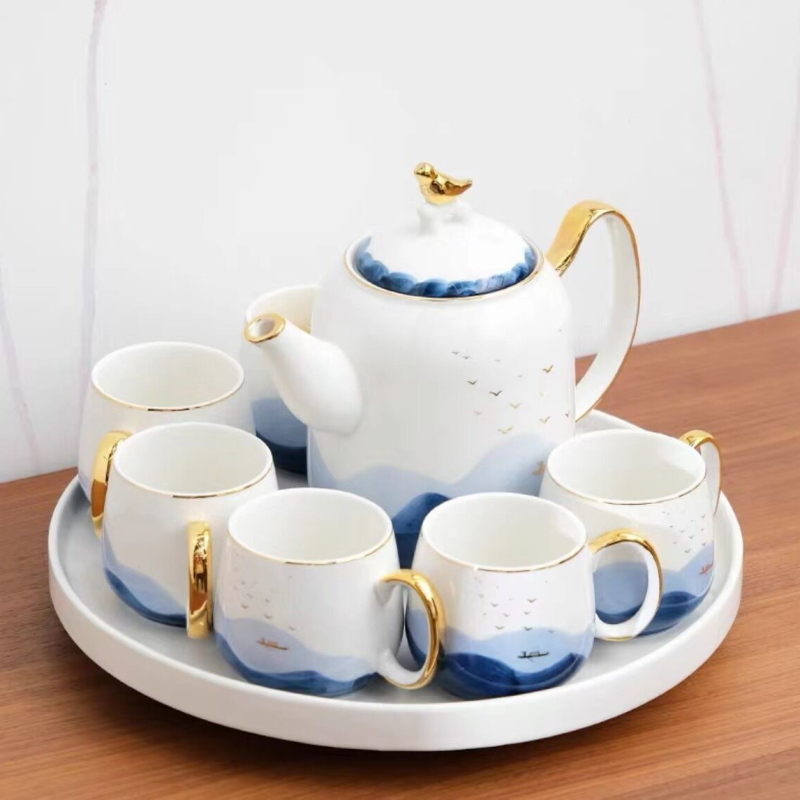 Set ceai ceramic în stil lux lejer cu tavă rotativă, pentru uz casnic, servire pentru 6 persoane