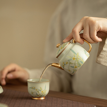 Set ceainic și cești Ru kiln, cu accente aurii, stil chinezesc, lux discret, glazură crackle, set cadou