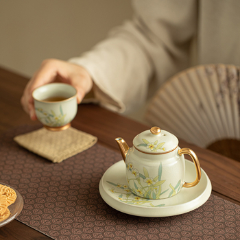 Set ceainic și cești Ru kiln, cu accente aurii, stil chinezesc, lux discret, glazură crackle, set cadou
