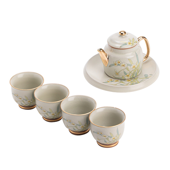 Set ceainic și cești Ru kiln, cu accente aurii, stil chinezesc, lux discret, glazură crackle, set cadou