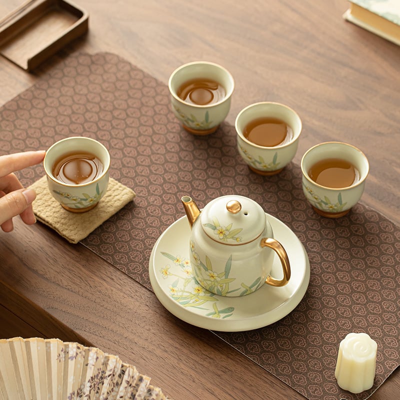 Set ceainic și cești Ru kiln, cu accente aurii, stil chinezesc, lux discret, glazură crackle, set cadou