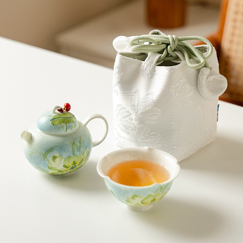 Stil chinezesc nou, albastru Lotus Pond, ceainic cu corp rotund, ceașcă Yan Yu, set de ceai ceramic portabil pentru călătorii, în patru piese