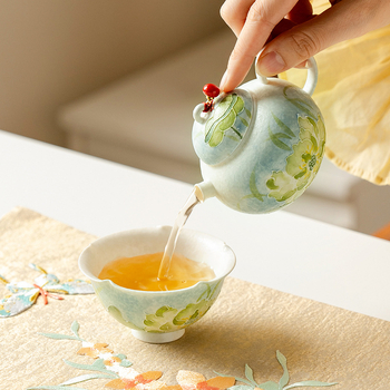 Stil chinezesc nou, albastru Lotus Pond, ceainic cu corp rotund, ceașcă Yan Yu, set de ceai ceramic portabil pentru călătorii, în patru piese