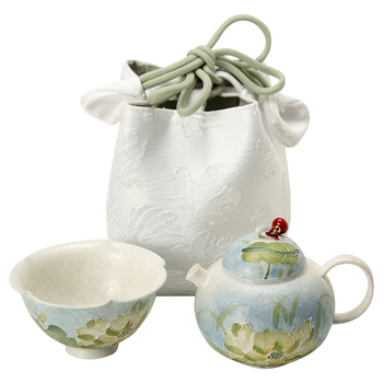 Stil chinezesc nou, albastru Lotus Pond, ceainic cu corp rotund, ceașcă Yan Yu, set de ceai ceramic portabil pentru călătorii, în patru piese