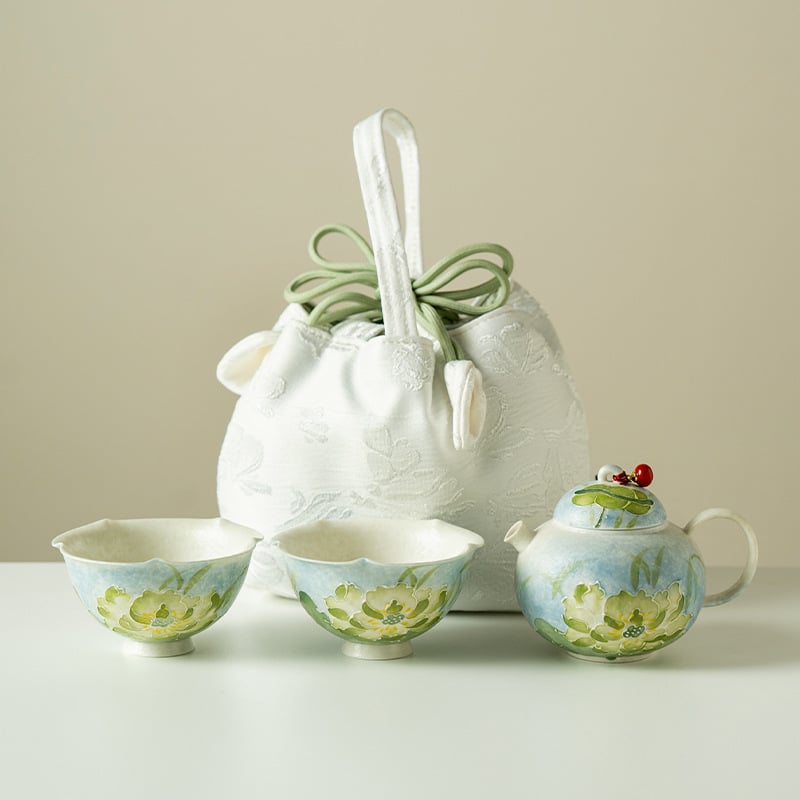 Stil chinezesc nou, albastru Lotus Pond, ceainic cu corp rotund, ceașcă Yan Yu, set de ceai ceramic portabil pentru călătorii, în patru piese