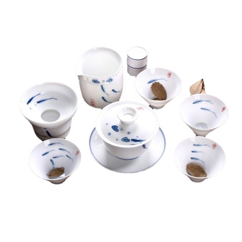 Set de ceai din porțelan alb cu bol cu capac pictat manual și cești, design minimalist, în cutie cadou