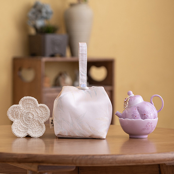 Set ceai ceramic pictat manual, roz Sakura, sub glazură: o oală de ceai și o ceașcă, set de călătorie portabil cu husă din pânză