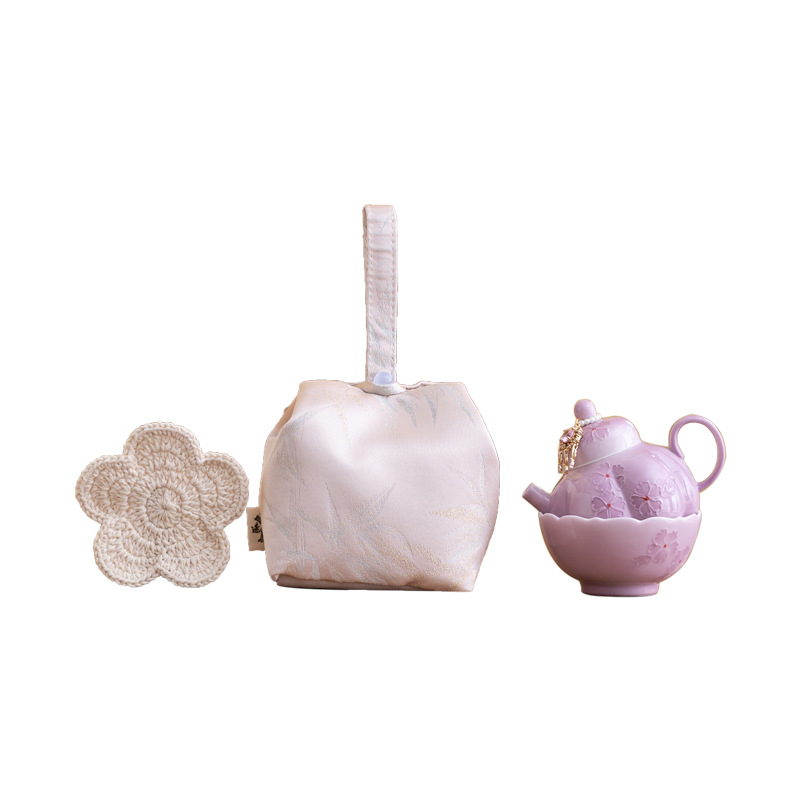 Set ceai ceramic pictat manual, roz Sakura, sub glazură: o oală de ceai și o ceașcă, set de călătorie portabil cu husă din pânză