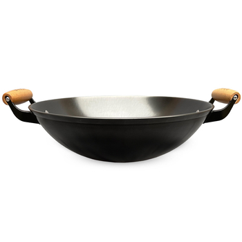 Wok din fontă cu două mânere, netencuit, bază rotundă, îngroșat, capacitate mare pentru prăjit