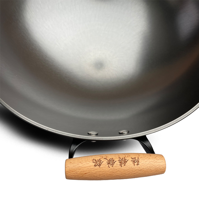 Wok din fontă cu două mânere, netencuit, bază rotundă, îngroșat, capacitate mare pentru prăjit