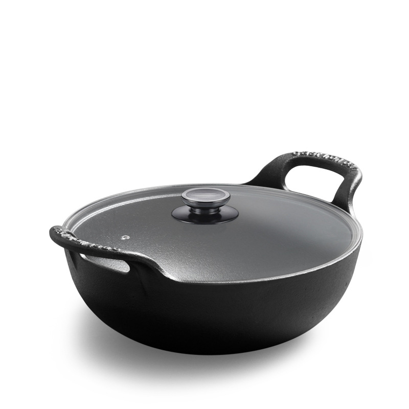 Wok din fontă în formă de lingou, netencuit, oală de gătit groasă în stil vechi, cu capac din sticlă și mâner dublu, pentru uz casnic