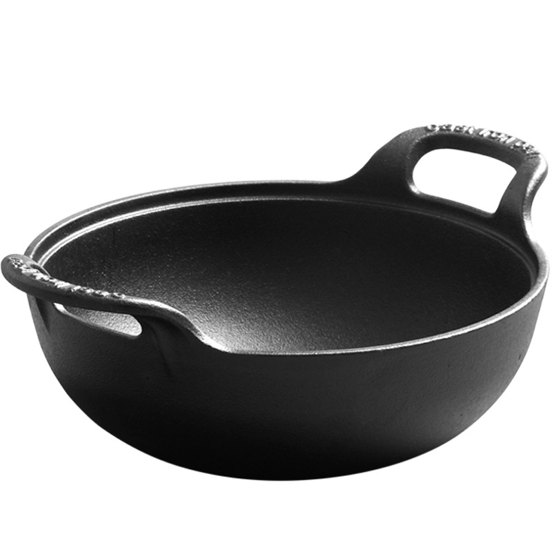 Wok din fontă în formă de lingou, netencuit, oală de gătit groasă în stil vechi, cu capac din sticlă și mâner dublu, pentru uz casnic