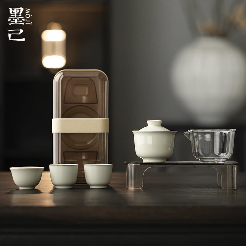Moji set portabil de ceai pentru birou din ceramică, în stil Kung Fu – bol cu capac și ceașcă, set complet pentru călătorii