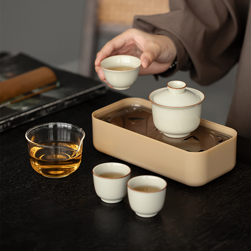 Moji set portabil de ceai pentru birou din ceramică, în stil Kung Fu – bol cu capac și ceașcă, set complet pentru călătorii