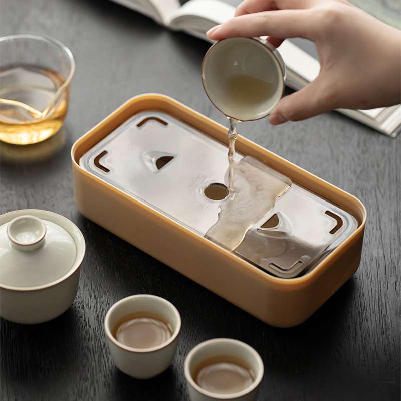 Moji set portabil de ceai pentru birou din ceramică, în stil Kung Fu – bol cu capac și ceașcă, set complet pentru călătorii