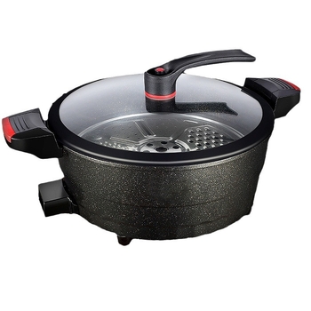 Wok electric multifuncțional cu piatră Maifan, strat antiaderent, capac din sticlă, diametru 32 cm, bază din aluminiu