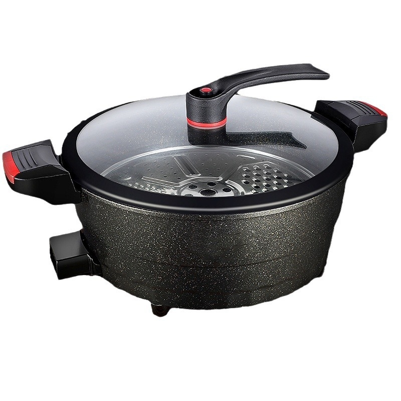 Wok electric multifuncțional cu piatră Maifan, strat antiaderent, capac din sticlă, diametru 32 cm, bază din aluminiu