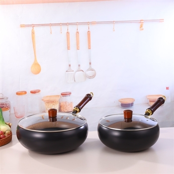 Wok din fontă pentru uz casnic, lucrat manual, fără strat, diametru 28 cm