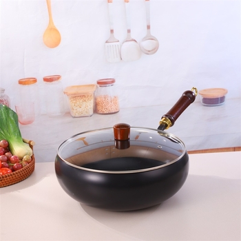 Wok din fontă pentru uz casnic, lucrat manual, fără strat, diametru 28 cm