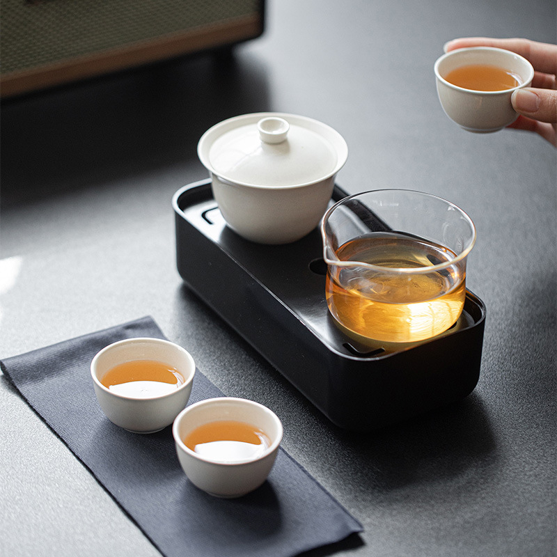 Moji Gongfu set ceai pentru călătorii - bol ceramic cu capac și trei cești, cutie de depozitare pentru ceai, ambalaj cadou, set portabil pentru birou și călătorii
