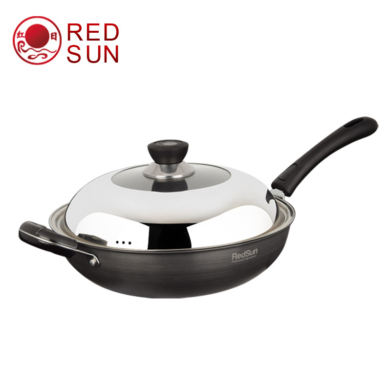 Red Sun wok din aliaj mangan-titaniu cu anodizare tare, fund dublu, antiaderent