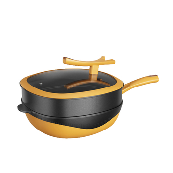 Mibaile wok antiaderent din turnare titan-piatra, 32 cm, cu coș de aburi, recipient multifuncțional pătrat pentru inducție
