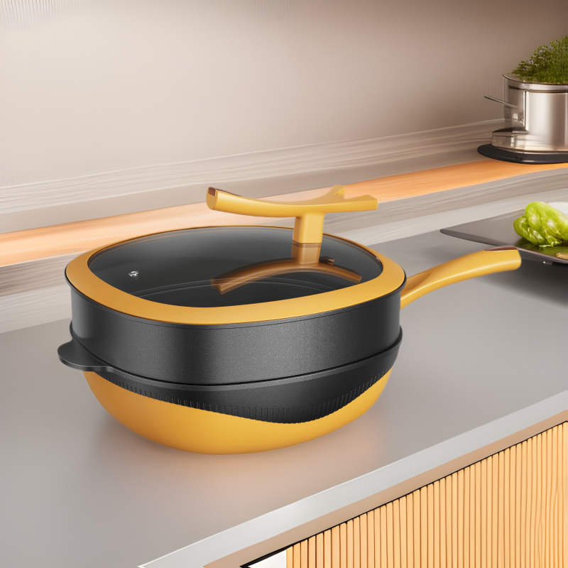 Mibaile wok antiaderent din turnare titan-piatra, 32 cm, cu coș de aburi, recipient multifuncțional pătrat pentru inducție