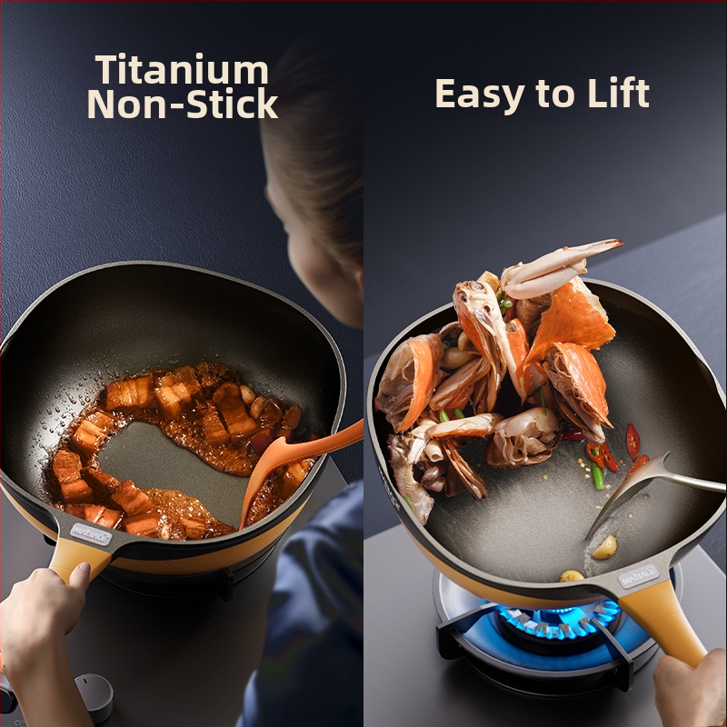 Mibaile wok antiaderent din turnare titan-piatra, 32 cm, cu coș de aburi, recipient multifuncțional pătrat pentru inducție