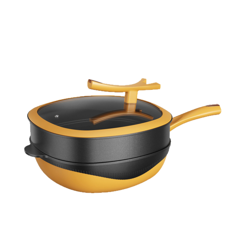 Mibaile wok antiaderent din turnare titan-piatra, 32 cm, cu coș de aburi, recipient multifuncțional pătrat pentru inducție