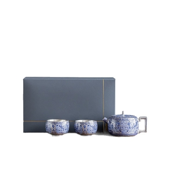 Zheng Liqing Ceai Gongfu argintiu cu design în ramuri de lotus – set ceai premium, stil retro Guofeng, ceainic și cești pentru cadou
