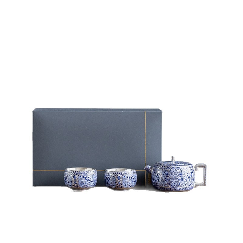 Zheng Liqing Ceai Gongfu argintiu cu design în ramuri de lotus – set ceai premium, stil retro Guofeng, ceainic și cești pentru cadou