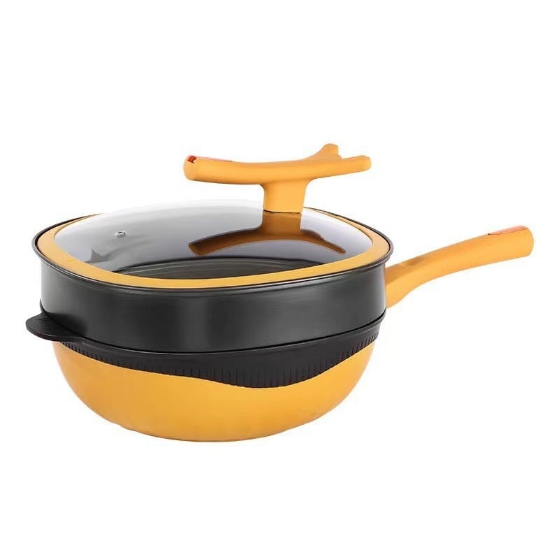 Wok Mibaile din titan turnat, cu coș de aburi, antiaderent, pentru uz casnic, cu ulei redus și fum redus, compatibil cu toate plitele
