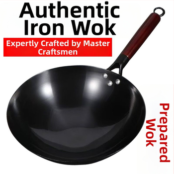 Wok din fier forjat, tradițional, realizat manual, fund rotund, stil chinezeasc, fără strat de acoperire, potrivit pentru aragaz cu gaz