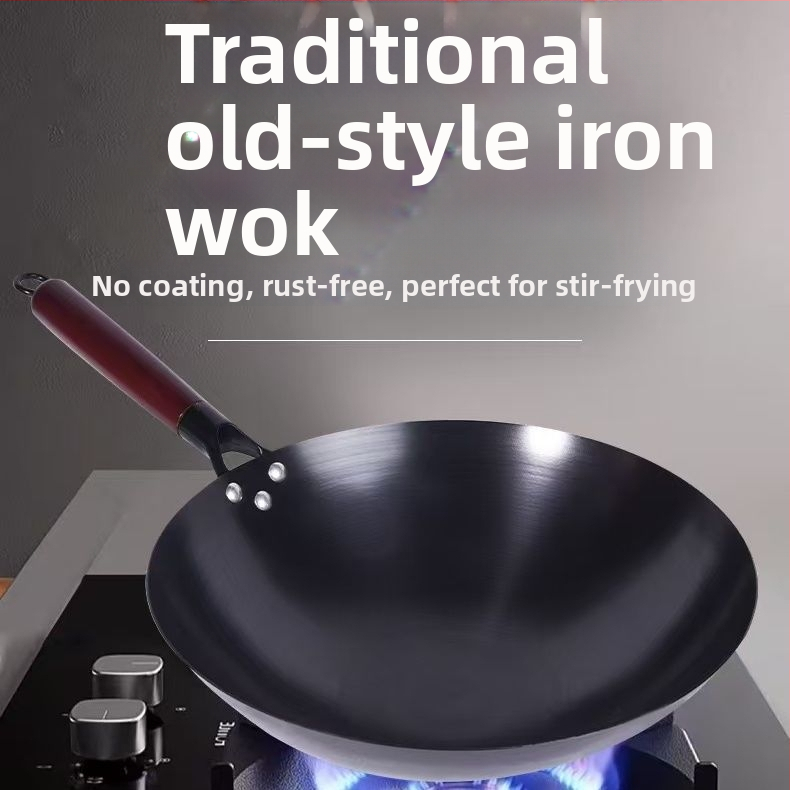 Wok din fier forjat, tradițional, realizat manual, fund rotund, stil chinezeasc, fără strat de acoperire, potrivit pentru aragaz cu gaz