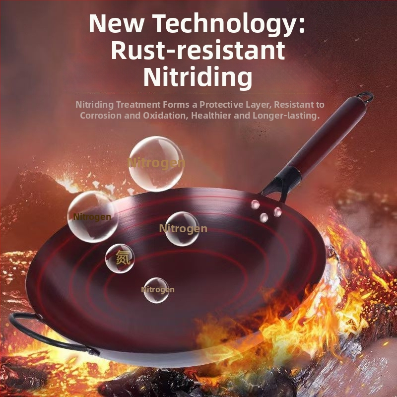 Wok din fier forjat, tradițional, realizat manual, fund rotund, stil chinezeasc, fără strat de acoperire, potrivit pentru aragaz cu gaz