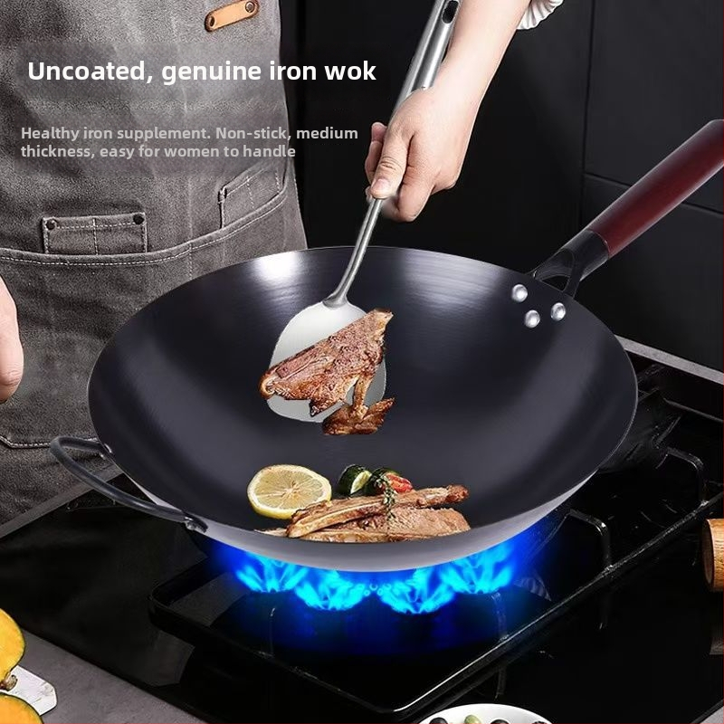 Wok din fier forjat, tradițional, realizat manual, fund rotund, stil chinezeasc, fără strat de acoperire, potrivit pentru aragaz cu gaz