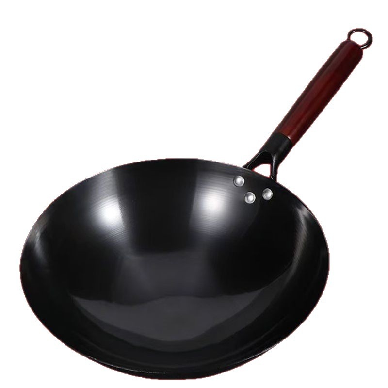 Wok din fier forjat, tradițional, realizat manual, fund rotund, stil chinezeasc, fără strat de acoperire, potrivit pentru aragaz cu gaz