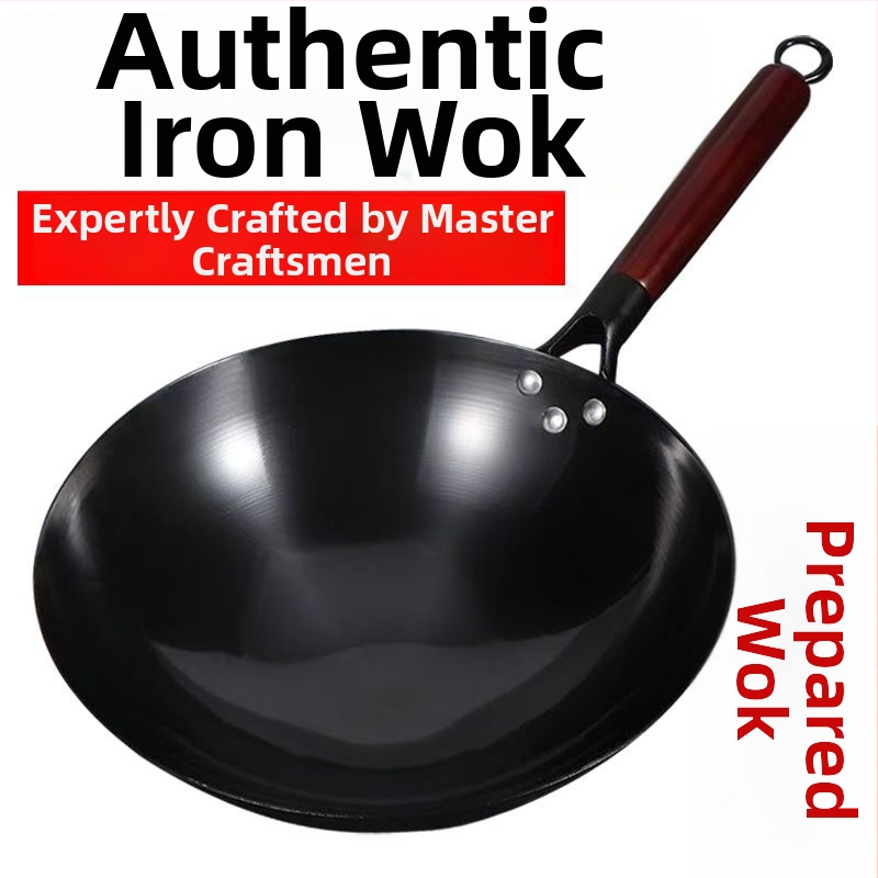 Wok din fier forjat, tradițional, realizat manual, fund rotund, stil chinezeasc, fără strat de acoperire, potrivit pentru aragaz cu gaz