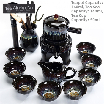Set ceramic Jian ware pentru ceai cu glazură de cuptor, ceainic Gongfu și cești, pentru birou, cu râșniță din piatră încorporată
